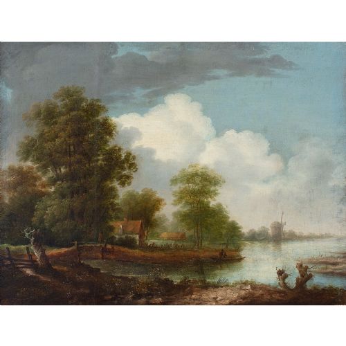 fig 1. 19th-Century Dutch School River Landscape With House & Mill, Antique Oil Painting