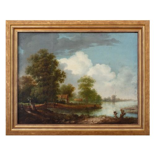 19th-century Dutch School River Landscape with House & Mill, Antique Oil Painting