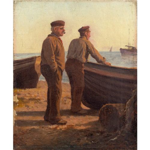 fig 1. 19th Century French School Deux Pecheurs Sur Le Rivage, Antique Oil Painting