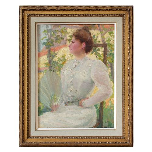 Early 20th-century French School Portrait of a Lady with a Fan, Society Portrait, Antique Painting