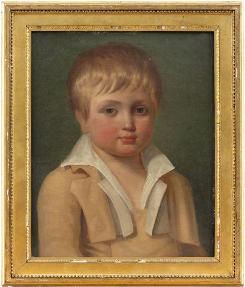 19th-century French School, Portrait of a Boy, Antique Folk Art Oil Painting, Naive