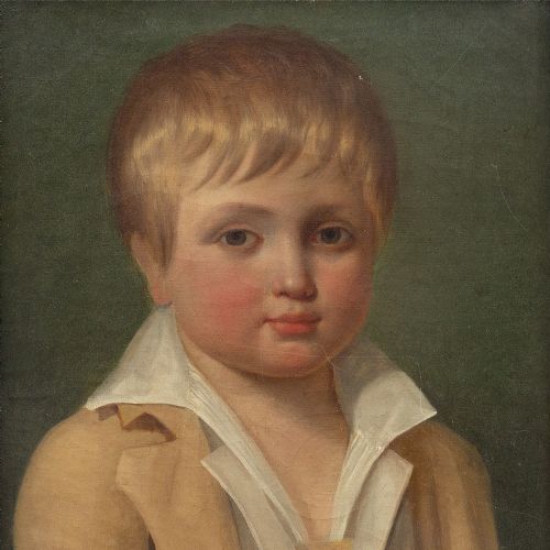 fig 1. 19th-Century French School, Portrait Of A Boy, Antique Folk Art Oil Painting, Naive