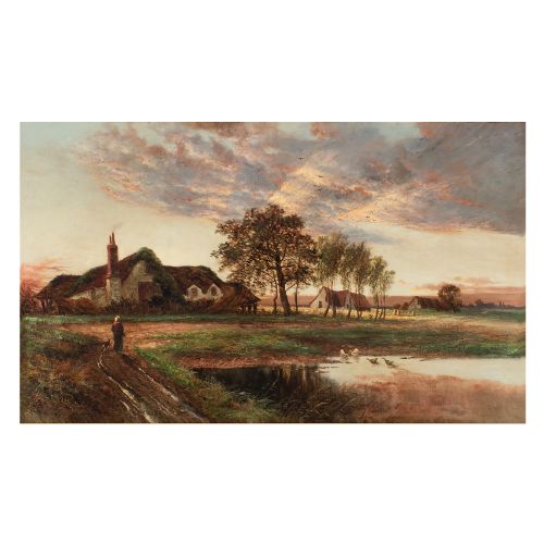 fig 1. W H Davis, Huge Pastoral Scene With Thatched Cottages, Antique Landscape Painting