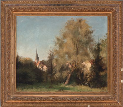 19th-century Danish School, Forest View with Church - Antique Oil Painting