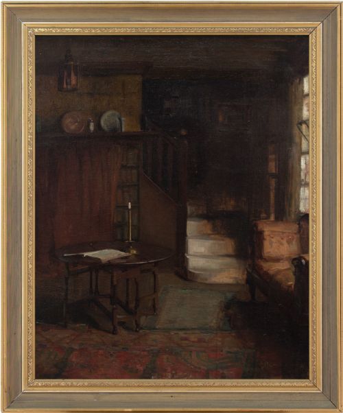 Early 20th-century Interior Scene with Table - Antique Oil Painting