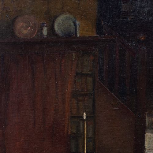 fig 1. Early 20th-Century Interior Scene With Table - Antique Oil Painting