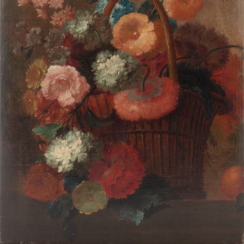 fig 1. German School Still Life With Flowers & Basket, Early 20th-Century Oil Painting