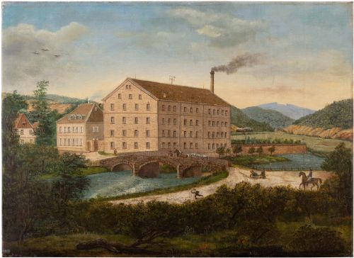 Provincial 19th-century Landscape with Mill, Antique Oil Painting