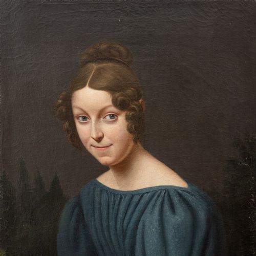 fig 1. 19th-Century French School Portrait Of A Lady With Gigot Sleeves, Antique Oil Painting