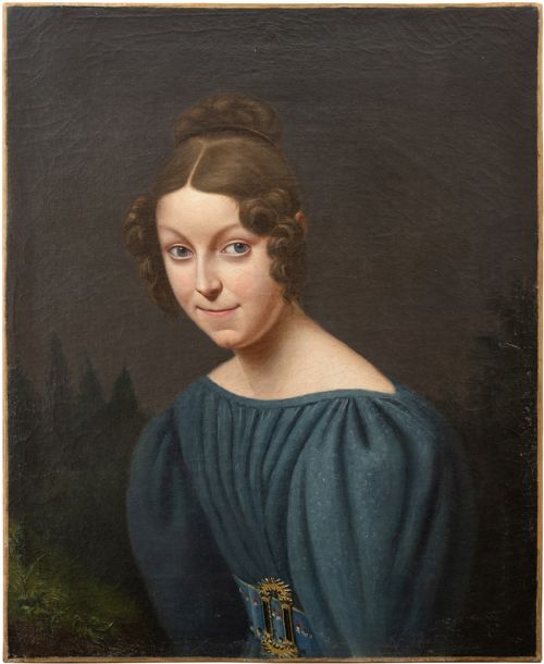 19th-century French School Portrait of a Lady with Gigot Sleeves, Antique Oil Painting