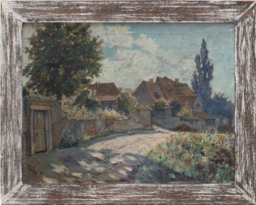 German School, Impressionist Landscape with Cottages, Vintage Oil Painting