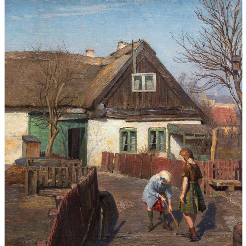 fig 1. Axel Johansen, Rural Scene With Children Playing, 1923, Oil Painting