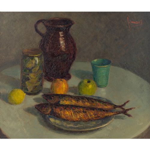 fig 1. Frans Mars, Still Life With Mackerel - Vintage Oil Painting