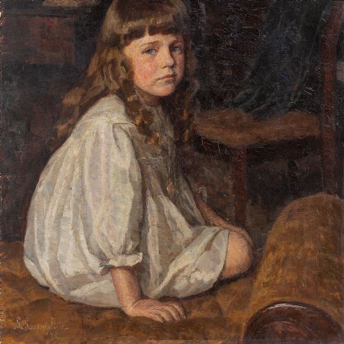 fig 1. Lilli Lundsteen, Portrait Of A Girl In A White Dress, Antique Oil Painting