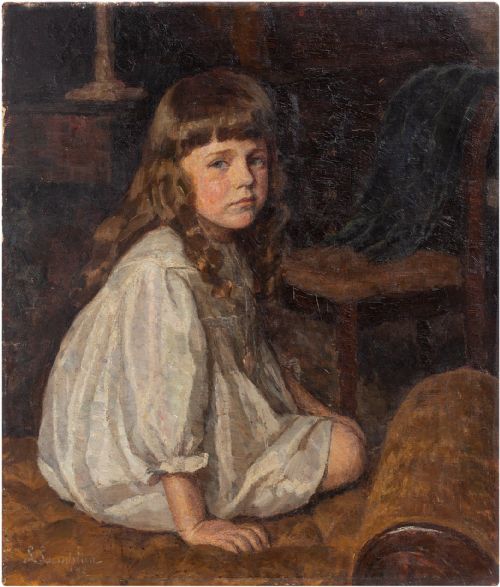 Lilli Lundsteen, Portrait of a Girl in a White Dress, Antique Oil Painting