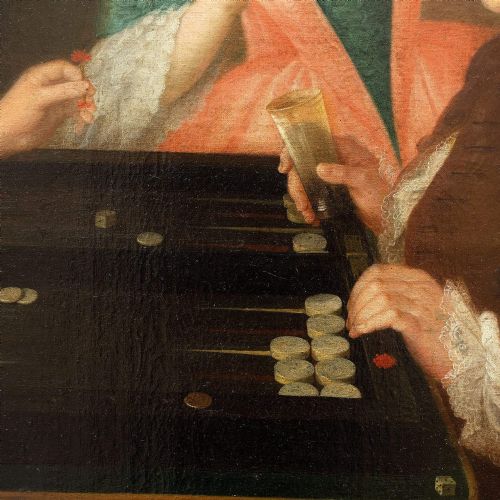 fig 2. 18th-Century Group Portrait With Family Playing Backgammon, Fine Antique Oil Painting