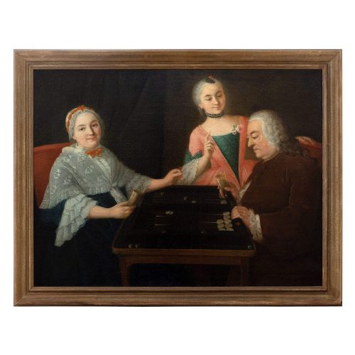 18th-century Group Portrait with Family Playing Backgammon, Fine Antique Oil Painting