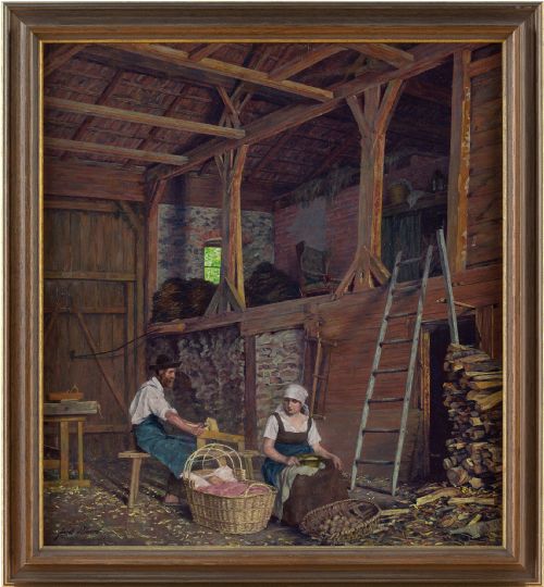 Hans Ulmer, Interior Scene with Working Family - Oil Painting