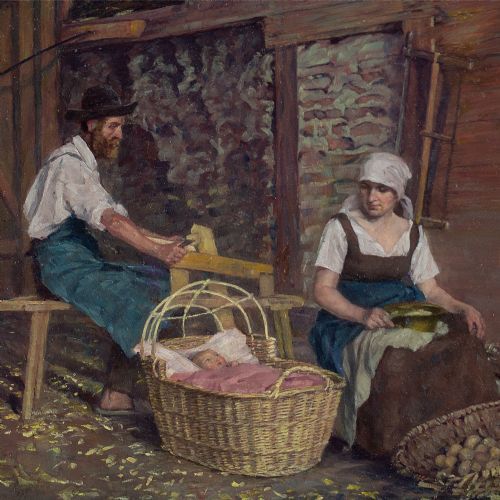 fig 1. Hans Ulmer, Interior Scene With Working Family - Oil Painting