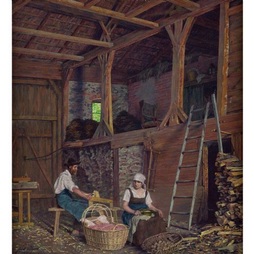 fig 2. Hans Ulmer, Interior Scene With Working Family - Oil Painting