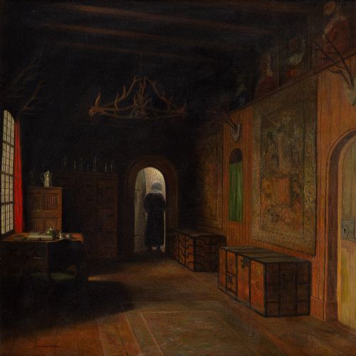 fig 1. Christian Tilemann-Petersen, Interior Scene With Woman - Antique Oil Painting 