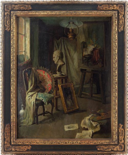 19th-century German School, Artist’s Studio - Antique Oil Painting