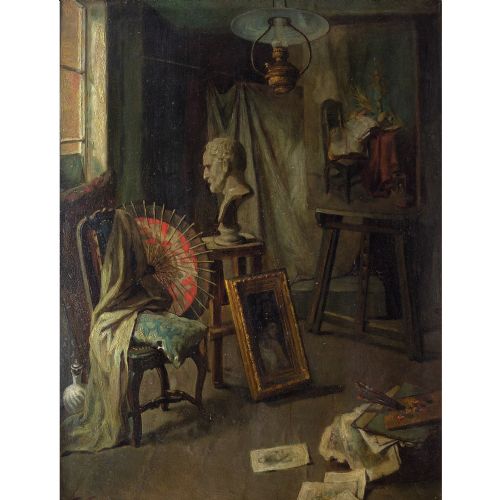 fig 1. 19th-Century German School, Artist’s Studio - Antique Oil Painting 
