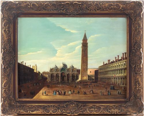 German School, View of Piazza San Marco with the Basilica, Venice - Antique Oil Painting
