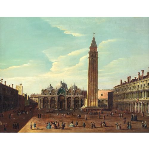fig 1. German School, View Of Piazza San Marco With The Basilica, Venice - Antique Oil Painting 