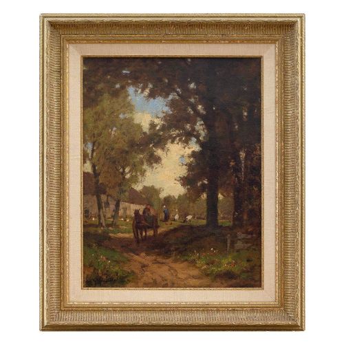 19th-century German School, Landscape with Horse, Cart & Farmhouse, Oil Painting