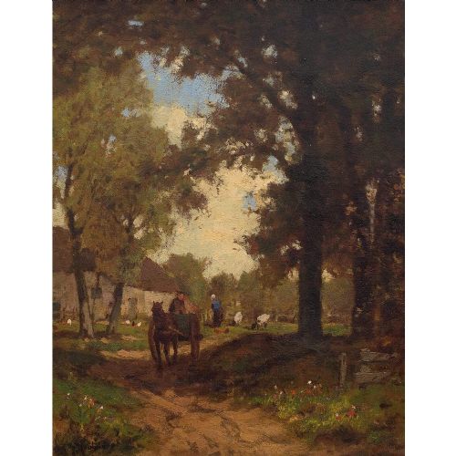 fig 1. 19th-Century German School, Landscape With Horse, Cart & Farmhouse, Oil Painting