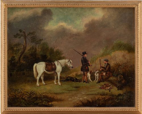 Augustus S Boult, Two Huntsmen with Dogs & Pony - Antique Oil Painting
