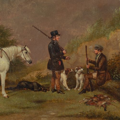 fig 1. Augustus S Boult, Two Huntsmen With Dogs & Pony - Antique Oil Painting