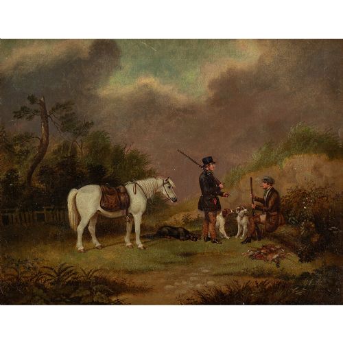 fig 2. Augustus S Boult, Two Huntsmen With Dogs & Pony - Antique Oil Painting