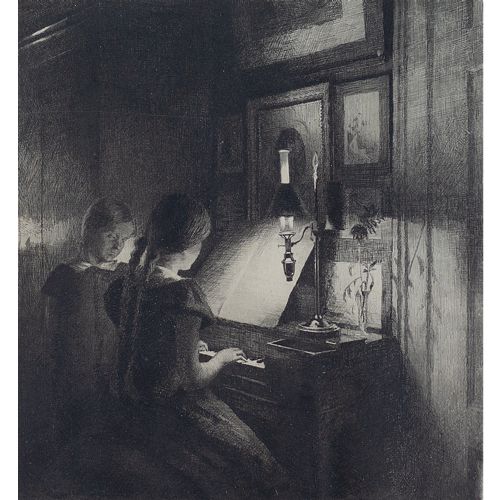 fig 1. Peter Ilsted, Piano Lesson - Antique Etching