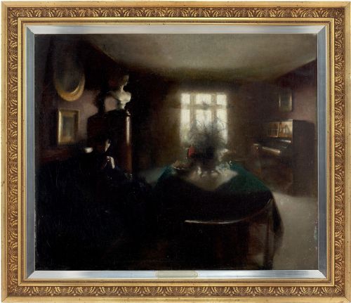 19th-century Danish School Dark Interior Scene with Lady Sewing - 
Antique Oil Painting