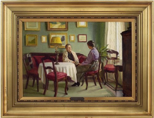 Sophus Vermehren, Interior Scene with Two Women - Vintage Oil Painting