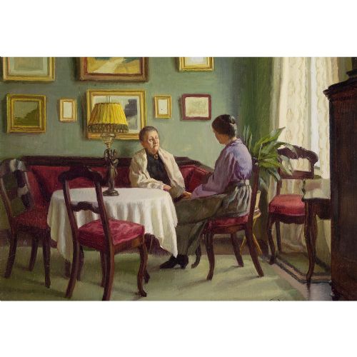 fig 1. Sophus Vermehren, Interior Scene With Two Women - Vintage Oil Painting 