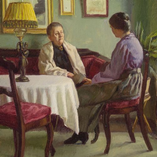 fig 2. Sophus Vermehren, Interior Scene With Two Women - Vintage Oil Painting 