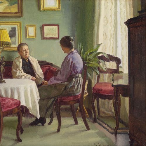 fig 3. Sophus Vermehren, Interior Scene With Two Women - Vintage Oil Painting 