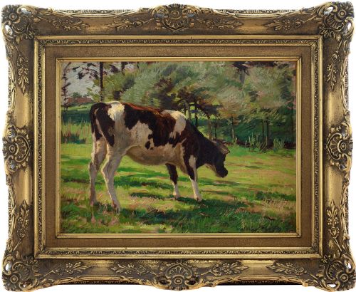 Arthur Wansleben, Study of a Grazing Cow - Antique Oil Painting