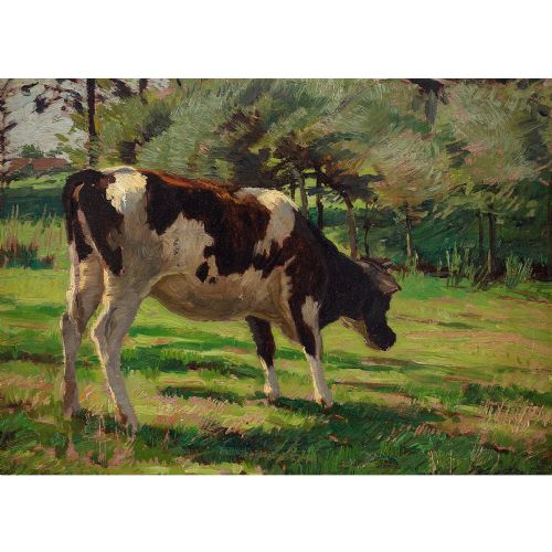 fig 1. Arthur Wansleben, Study Of A Grazing Cow - Antique Oil Painting