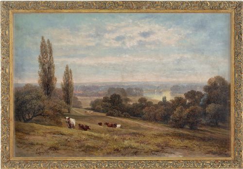 British School, Pastoral Scene with River View - Antique Oil Painting