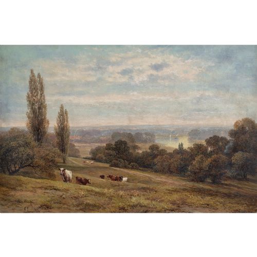 fig 1. British School, Pastoral Scene With River View - Antique Oil Painting 