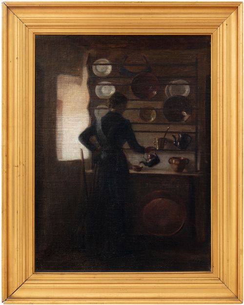 19th-century Danish School, Kitchen Interior with Woman, Antique Oil Painting