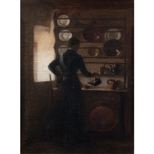 fig 1. 19th-Century Danish School, Kitchen Interior With Woman, Antique Oil Painting