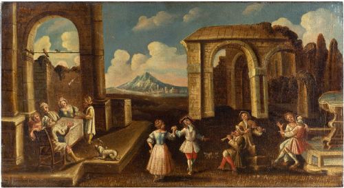 17th-century French School, a Celebration Near the Alps - Antique Oil Painting