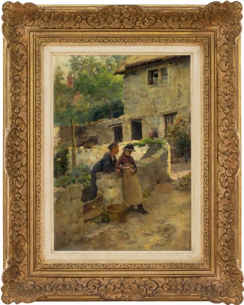 German School, Village Scene with Young Couple - Antique Oil Painting
