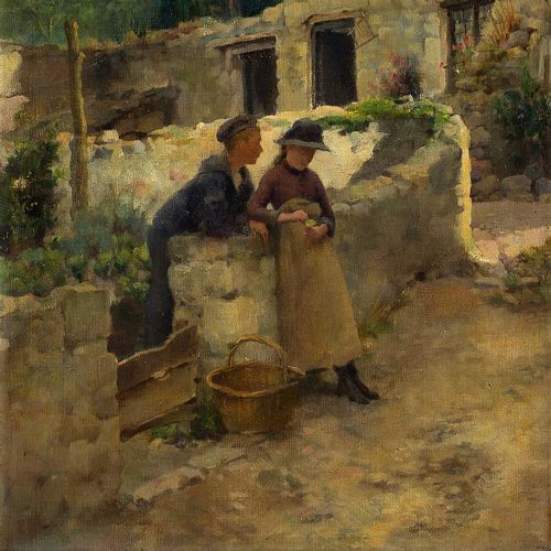 fig 1. German School, Village Scene With Young Couple - Antique Oil Painting 