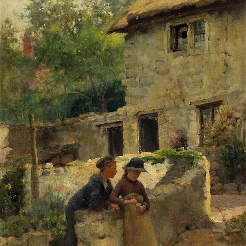 fig 2. German School, Village Scene With Young Couple - Antique Oil Painting 